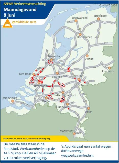 Maandagavond is er een gemiddelde spits, de meeste files staan in de Randstad.