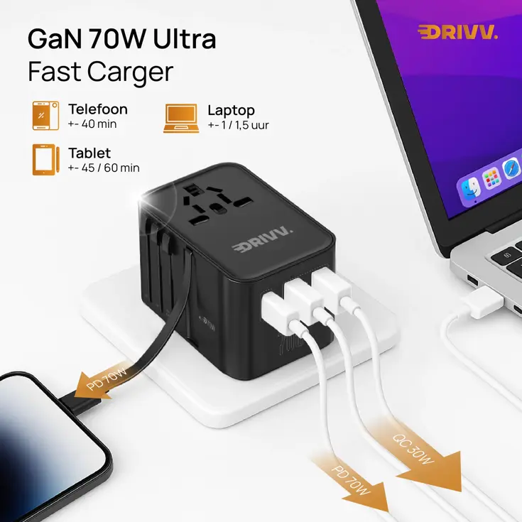 Universele Wereldstekker met kabel - 70W
