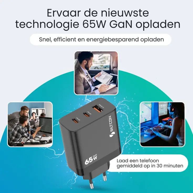Snellader - 65W GaN - 3 Poorten