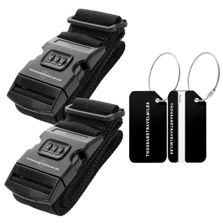 Kofferset 4-delig kofferriem + bagagelabels Zwart
