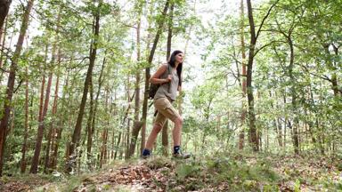 Deutschland, NRW, Eifel, Wald, Frau wandert mit Rucksack durch Laubwald