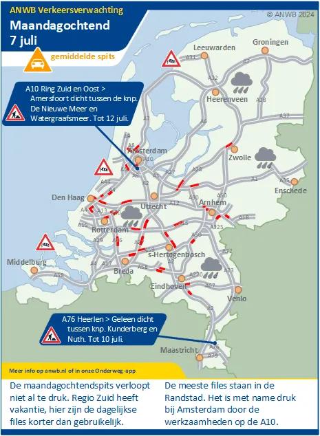 Verkeersverwachting maandagochtend 7  juli: Een niet al te drukke ochtendspits verwacht, de meeste files staan in de Randstad.