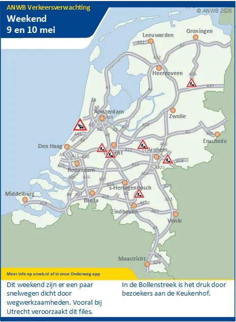 Dit weekend kans op vertraging door werkzaamheden/wegafsluitingen. In de Bollenstreek drukte door bezoekers van de Keukenhof.