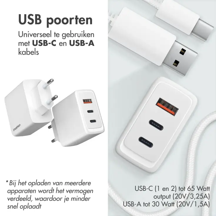 65W Oplader 2x USB-C 1x USB-A