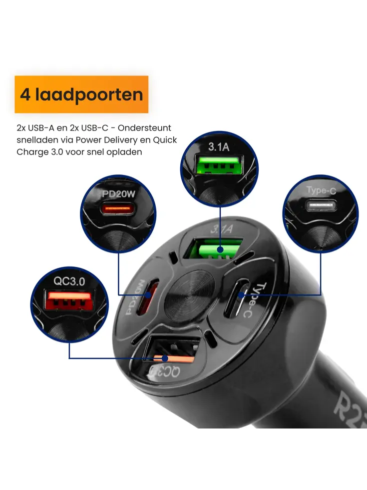 Autolader USB C & USB A, Snellader, Zwart
