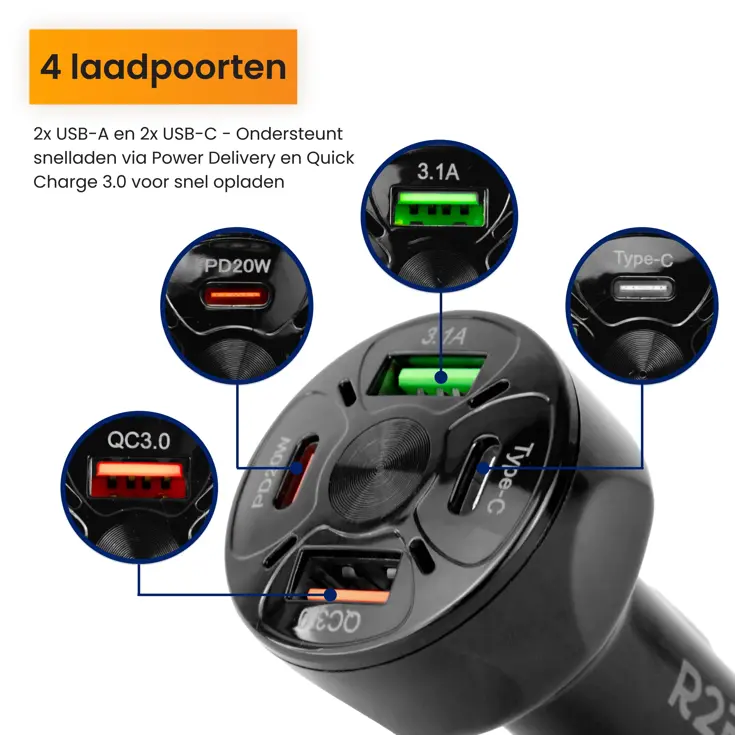 Autolader USB C & USB A, Snellader, Zwart