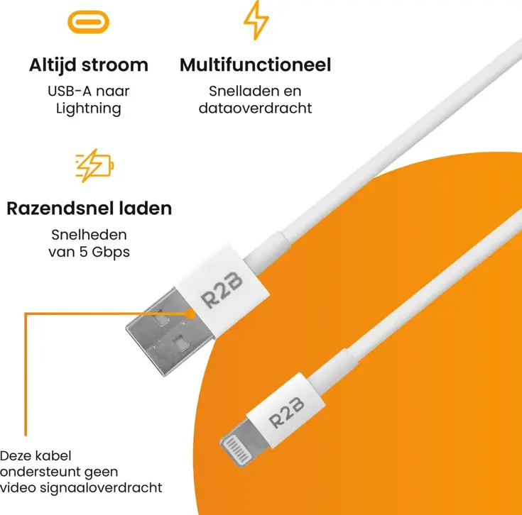 USB-A naar Lightning Kabel - 2 Meter