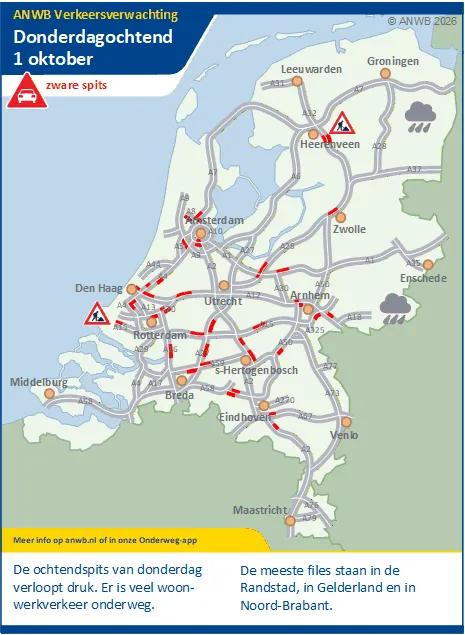 Donderdagochtend een drukke (zware) spits. Er is veel woon-werkverkeer onderweg.