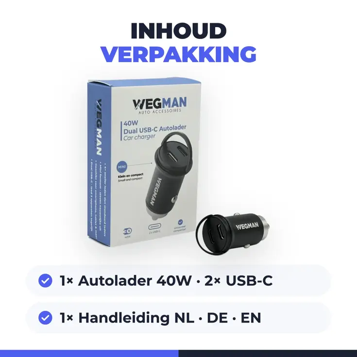 40W Autolader 2 USB-C - Oplader Auto 12/24V