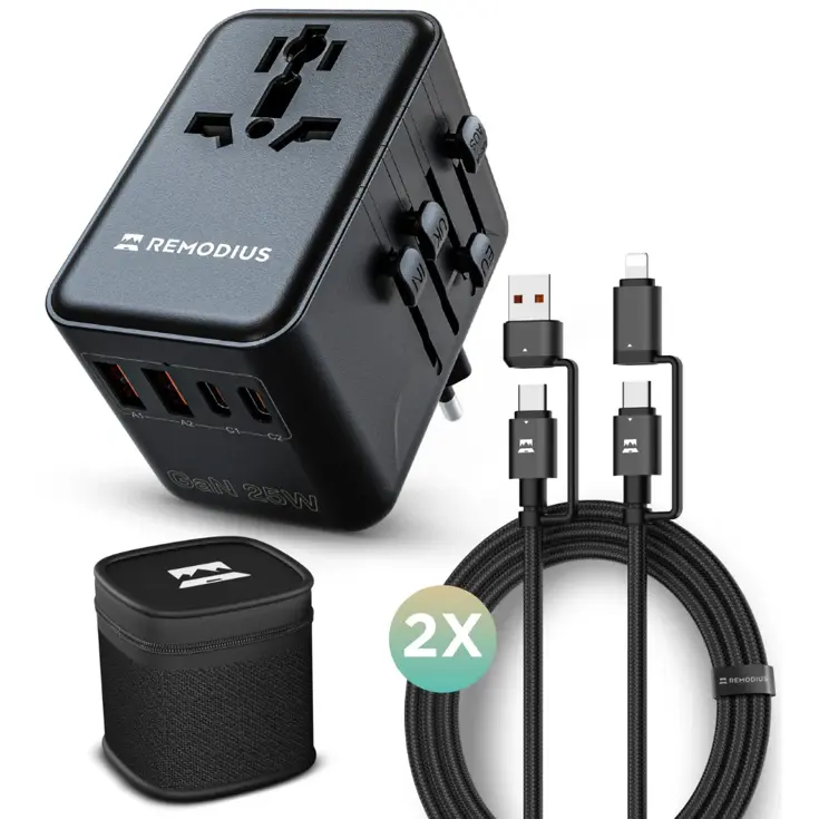 Remodius Wereldstekker + 2× Universele Oplaadkabel