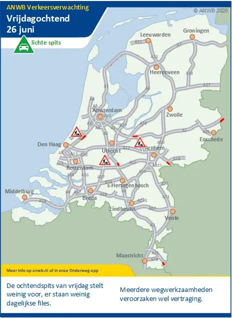 Lichte ochtendspits. Weinig files. Meerdere wegwerkzaamheden veroorzaken wel vertraging