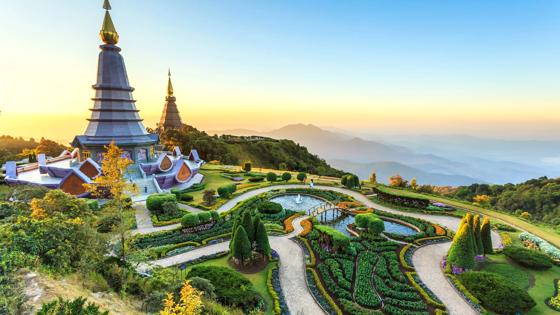 two pagoda at the Inthanon mountain at sunset, Chiang Mai, Thailand.