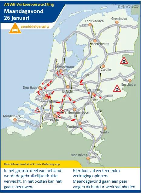 In het grootste deel van het land wordt de gebruikelijke drukte verwacht. In het oosten kan het sneeuwen. Hierdoor zal het verkeer extra vertraging oplopen Maandagavond gaan een paar wegen dicht door werkzaamheden.