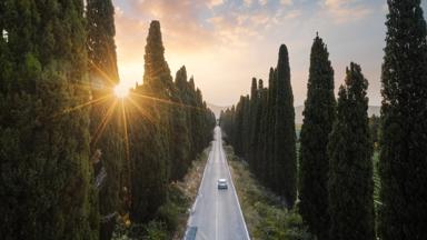 italie_toscane_weg_auto_cipressen_zonsondergang_GettyImages-1267527406