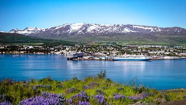 Beautiful scenic view looking out toward the harbor into Akureyri in the Northwest province of Iceland.