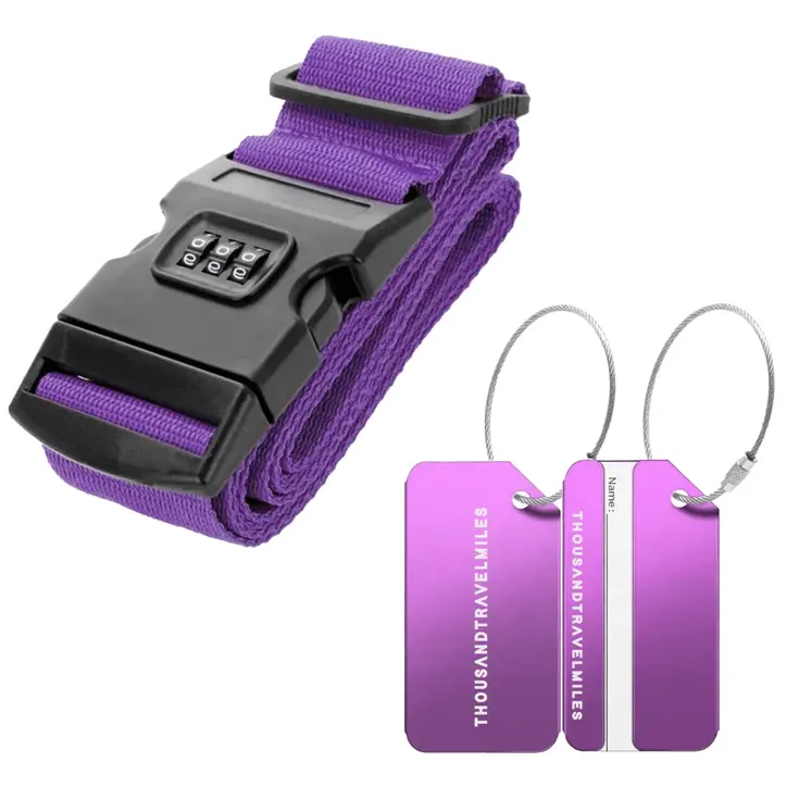 Kofferriem + 2 Bagagelabel – 3-delig – Paars