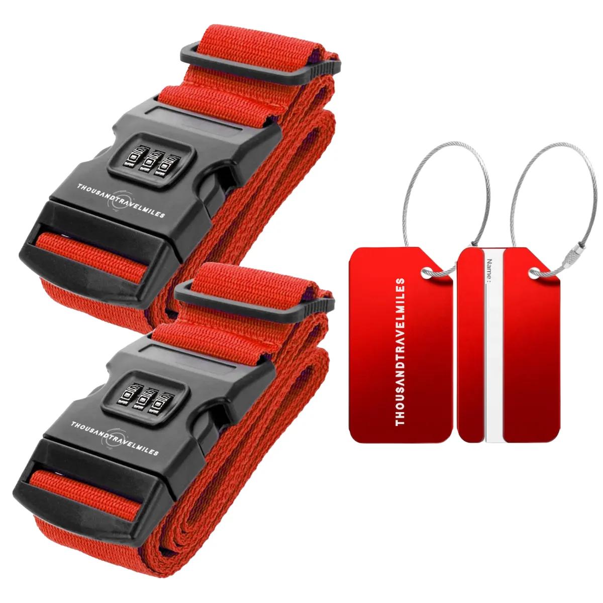 Thousandtravelmiles  2 Kofferriem + 2 Bagagelabel 4-delig– Rood  Rood