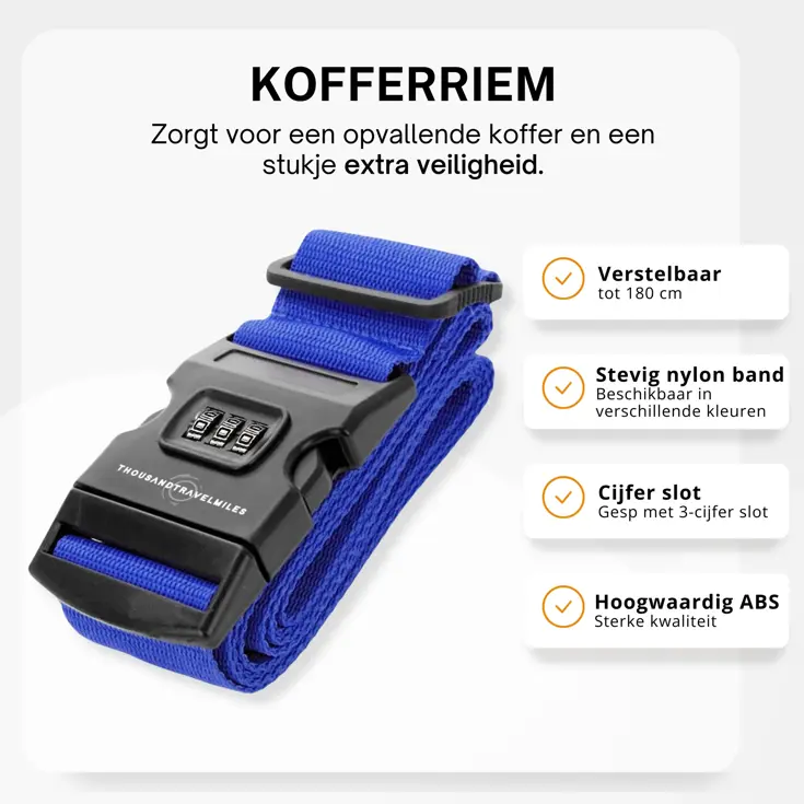 Kofferriem met cijferslot 180 cm – Blauw
