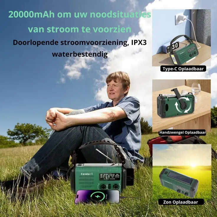 NoodRadio Solar Opwindbaar - FM/AM - 20.000mAh