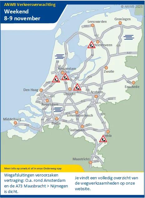In het weekend vooral vertraging door wegwerkzaamheden (wegafsluitingen).