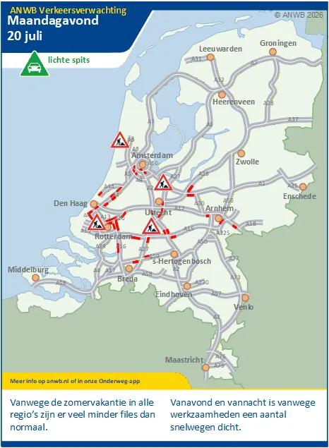 Vanwege de zomervakantie in alle regio's zijn er veel minder files dan normaal. Vanavond en vannacht is vanwege werkzaamheden een aantal snelwegen dicht.