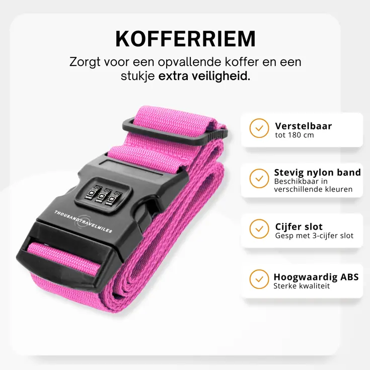 Kofferriem met cijferslot 180 cm – Roze