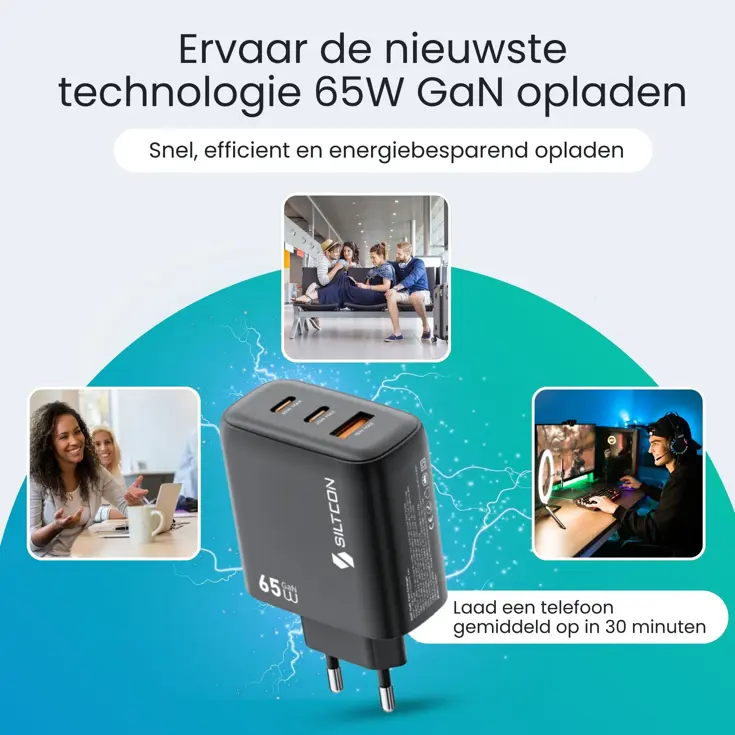 Snellader - 65W - 2x USB-C + USB-A