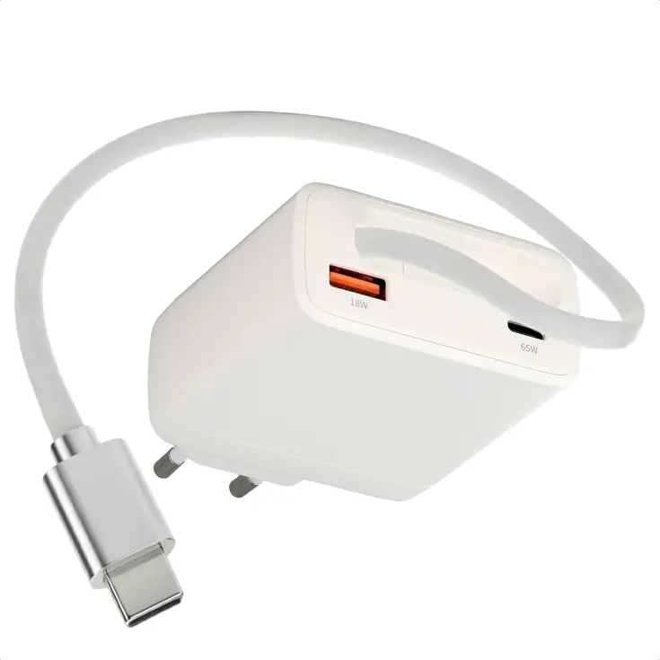 65W Oplader uittrekbare USB-C kabel USB-A + USB-C