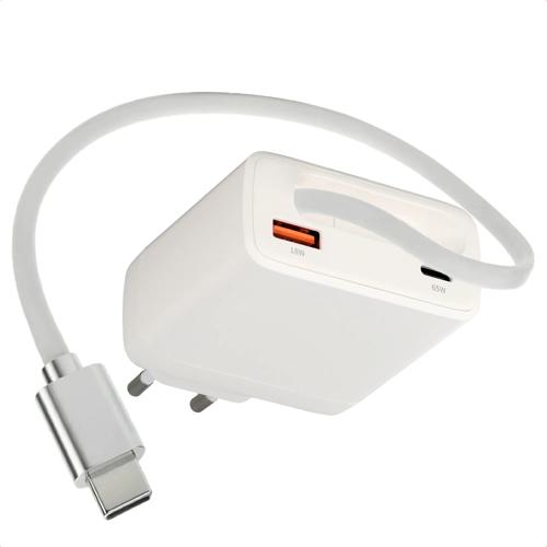 65W Oplader uittrekbare USB-C kabel USB-A + USB-C