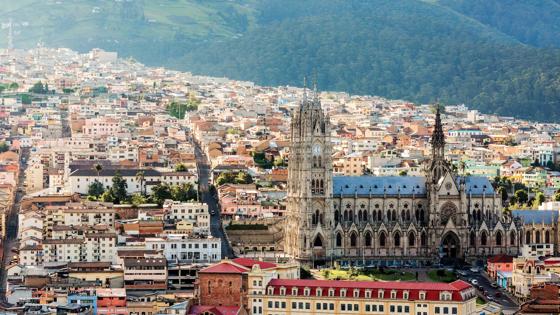 The Basilica of the National Vow surrounded by the Quito Old Town in Ecuador.