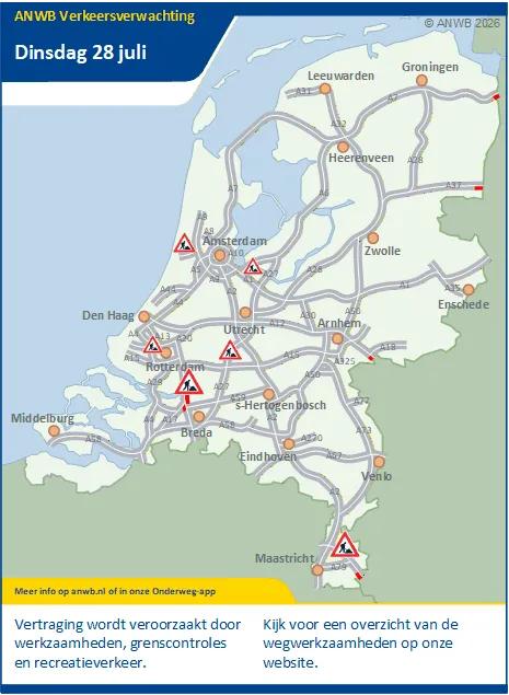 Dinsdag kans op vertraging door werkzaamheden, grenscontroles en recreatieverkeer.