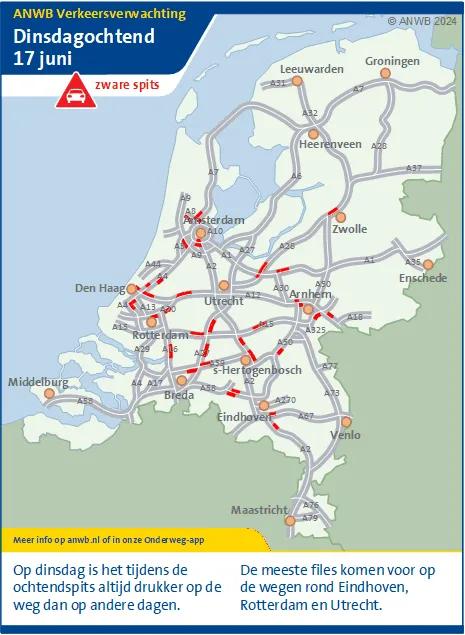 Verkeersverwachting dinsdagochtend 17 juni een zware ochtendspits. Meeste files op de wegen rond Eindhoven, Rotterdam en Utrecht.