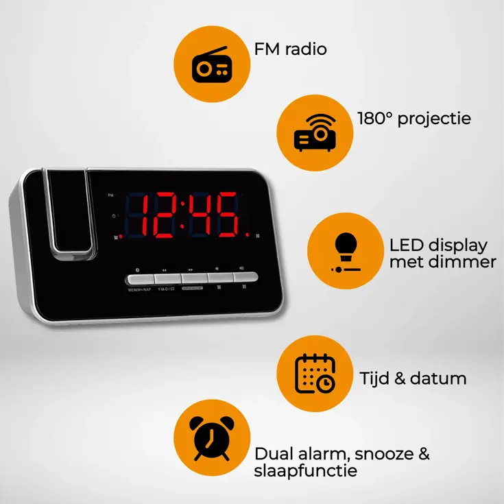 Wekker FM Klokradio Projectie Dubbel-Alarm