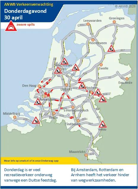 Donderdagmiddag/-avond een drukke spits. Veel recreatieverkeer onderweg door een Duitse feestdag.