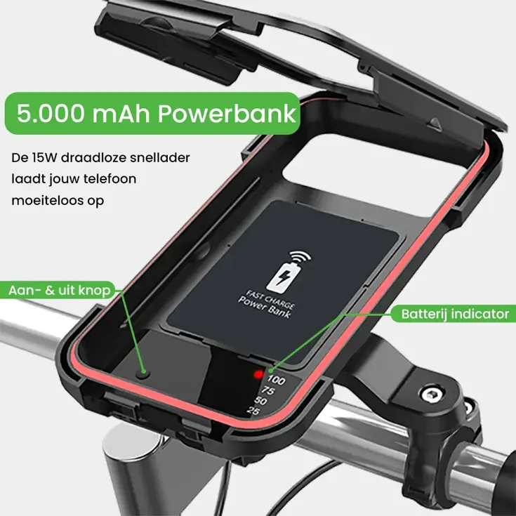 Telefoonhouder Fiets met powerbank 5.000 mAh