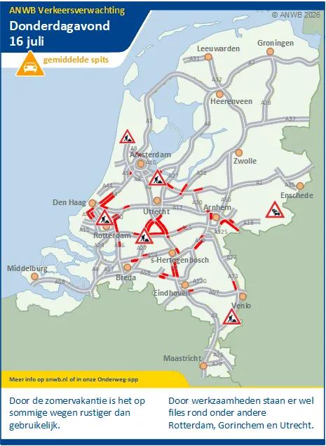 Donderdagmiddag/-avond een gemiddelde spits. Door de zomervakantie wat rustiger dan gebruikelijk.
