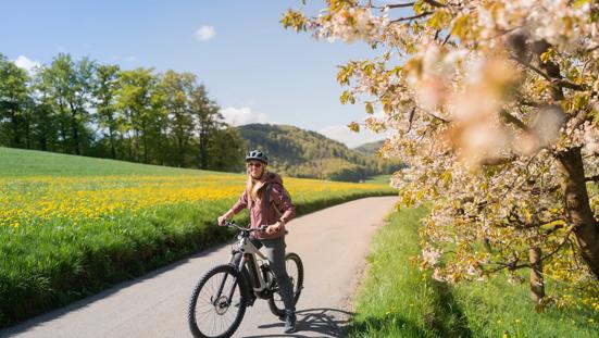 Fietser tussen de bloesembomen