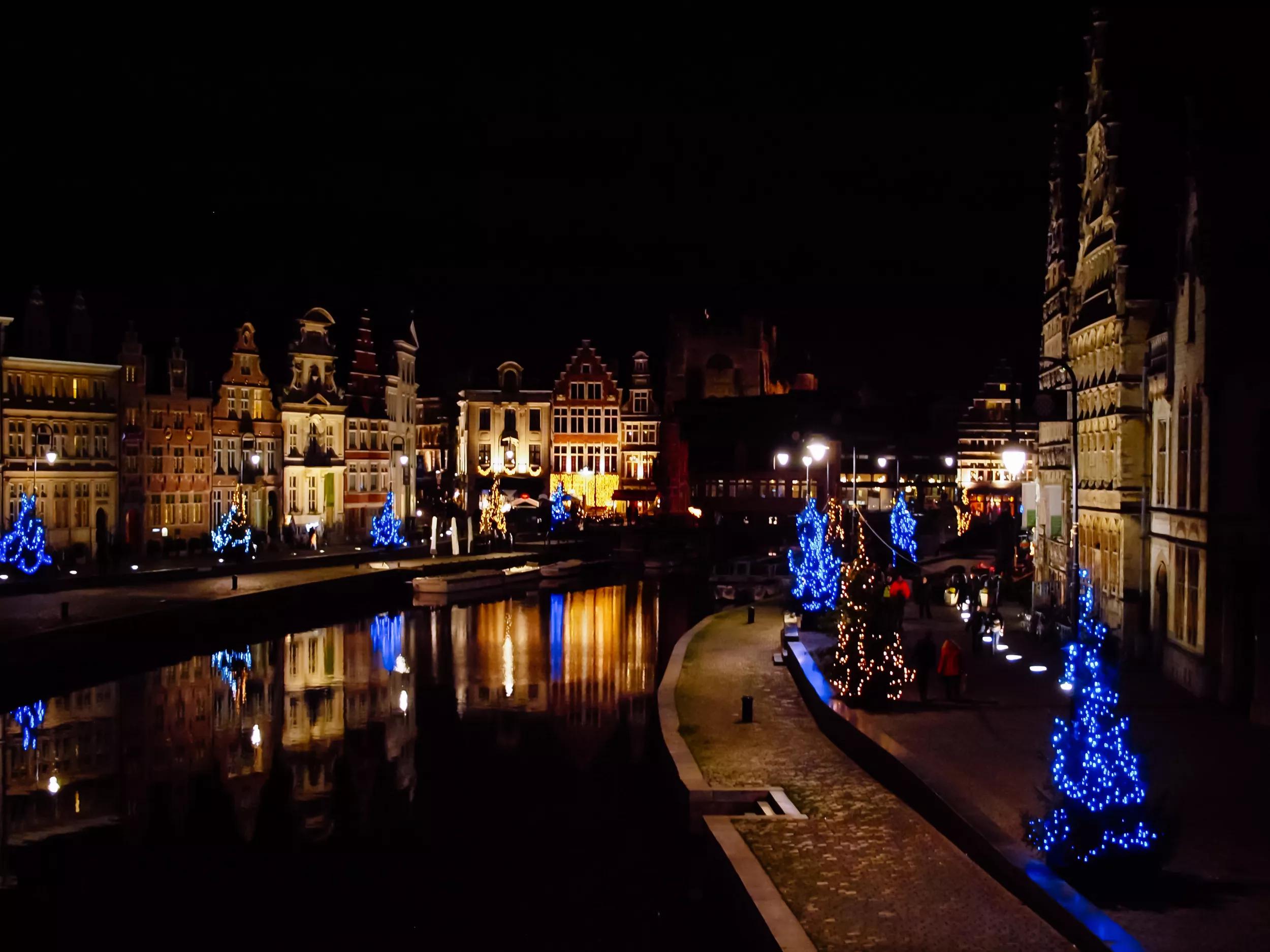 View of canal in Ghent, Belgium, at night in Christmas time.