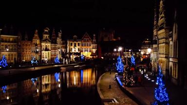 View of canal in Ghent, Belgium, at night in Christmas time.
