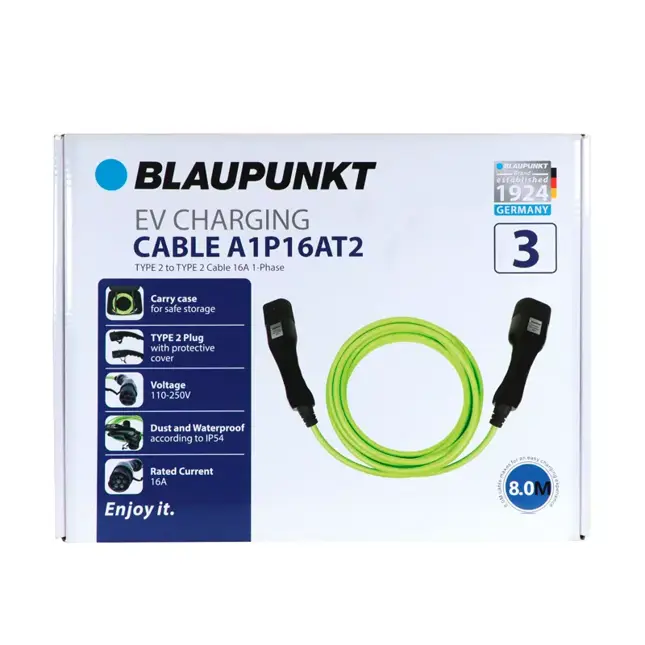 Blaupunkt 1 Fase laadkabel voor type 2 elektrische auto. 16A.