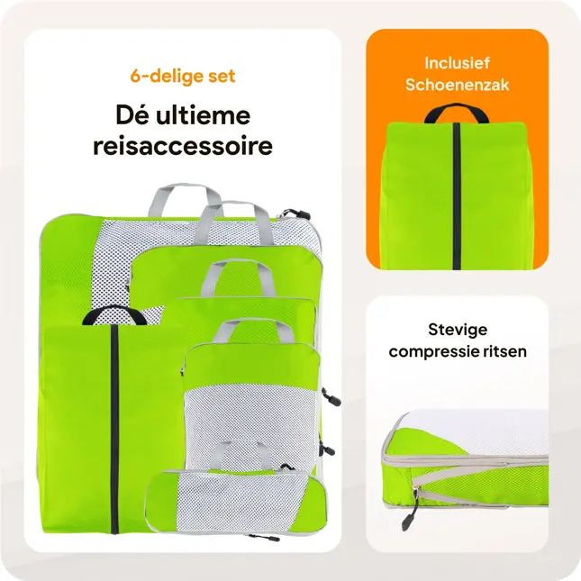 Packing cubes compressie set – 6-delig – Groen