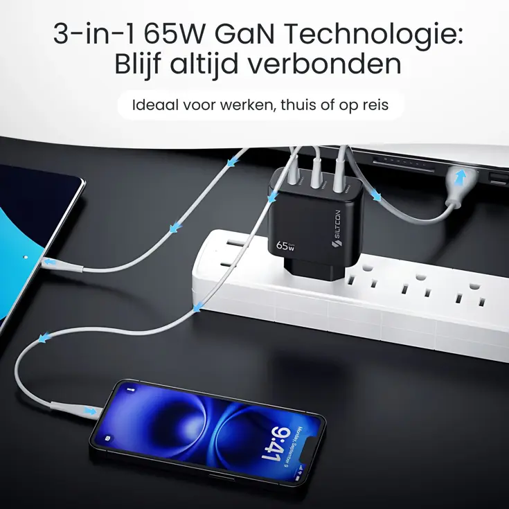 Snellader - 65W - 2x USB-C + USB-A