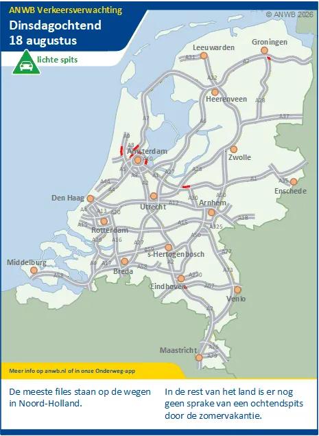Dinsdagochtend een lichte spits. Het is nog zomervakantie in de regio's Midden en Zuid.