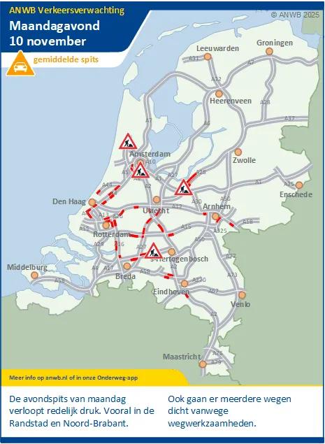 Maandagmiddag/-avond een gemiddelde spits. Meeste files in de Randstad en Noord-Brabant.