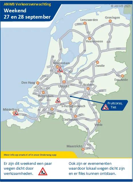 Verkeersverwachting weekend 27 - 28 september. Kans op drukte door werkzaamheden / wegafsluitingen en evenementen.