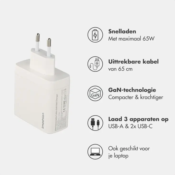 65W Oplader uittrekbare USB-C kabel USB-A + USB-C