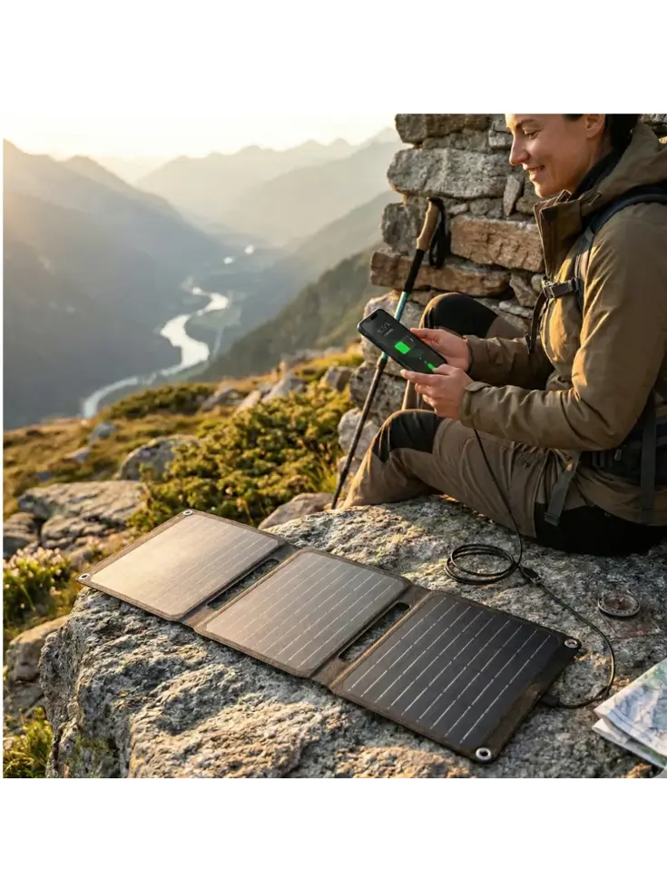 Draagbare zonne-oplader met usb-c poort zwart