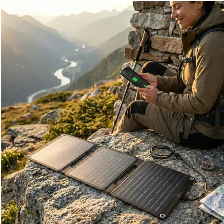 Draagbare zonne-oplader met usb-c poort zwart