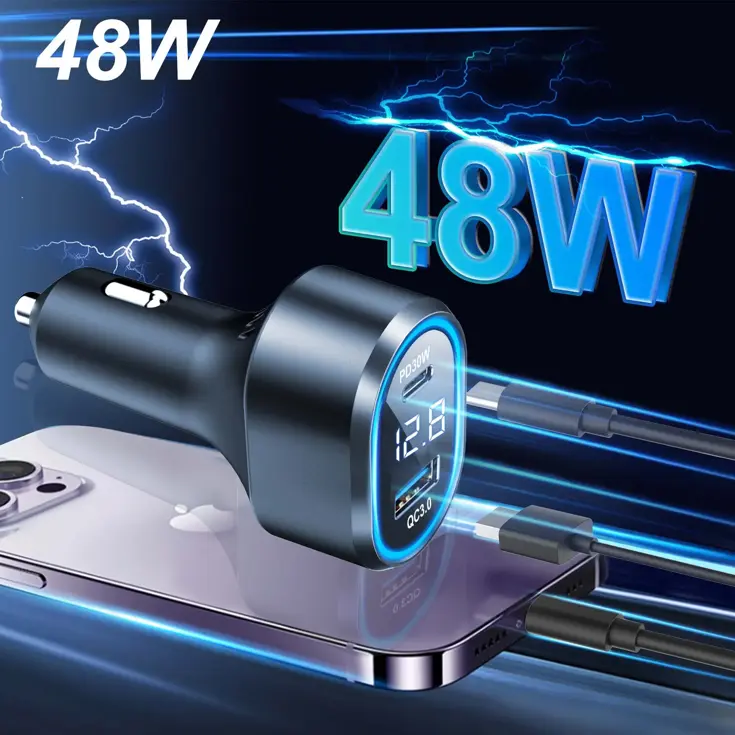 48W Autolader USB-C LED Spanningsmeter 12V