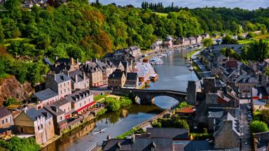 Rance River, Gothic Bridge and port of Dinan, Brittany, France.